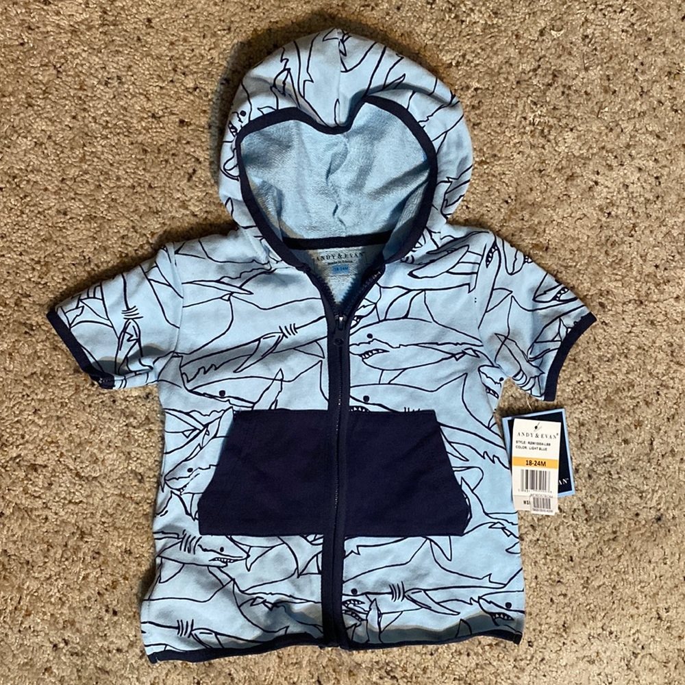 Andy & Evan Boys Shark Short Sleeve Hoodie Swim Cover Up Light Blue Navy 18-24M